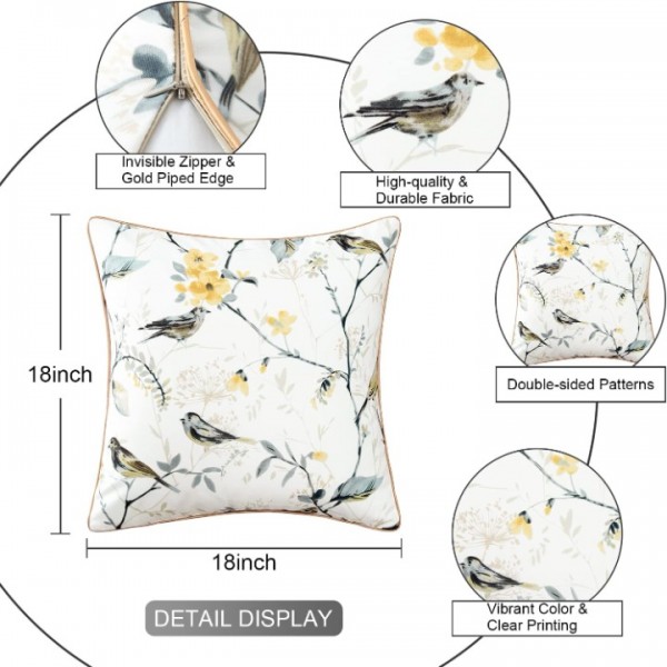 Square Decorative Throw Pillow Covers, Botanical Grey Birds Printed Soft Touch Cushion Covers, 18 x 18 Inches Throw Pillowcase for Sofa Bed, Set of 2